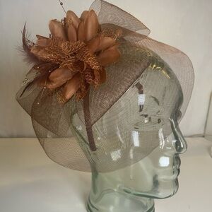 Copper Brown Mesh Flower Fascinator Headband Tea Party, Church, Kentucky Derby